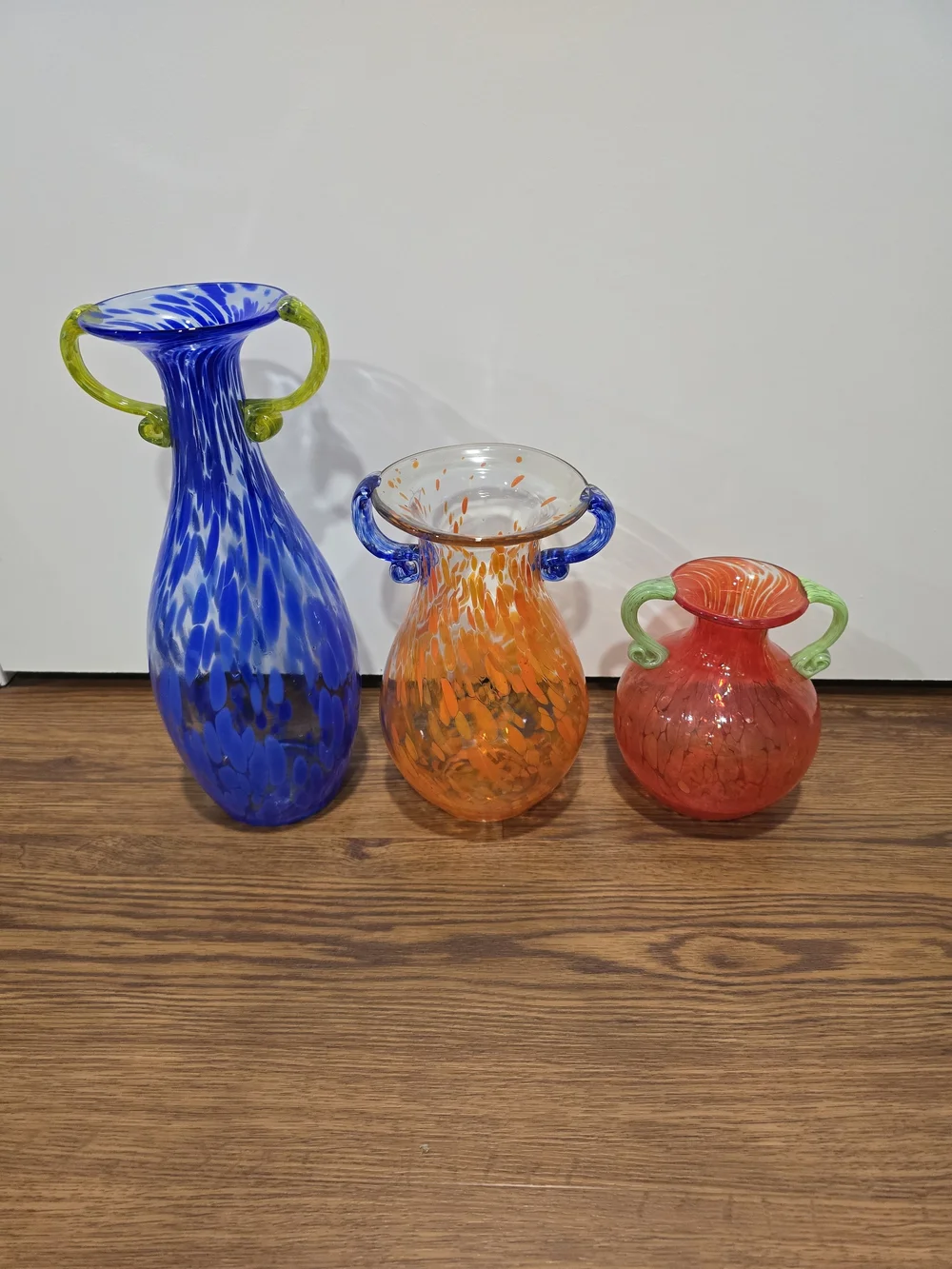 VTG Hand Blown Art Glass Spatter Amphora Vase Trio Set
